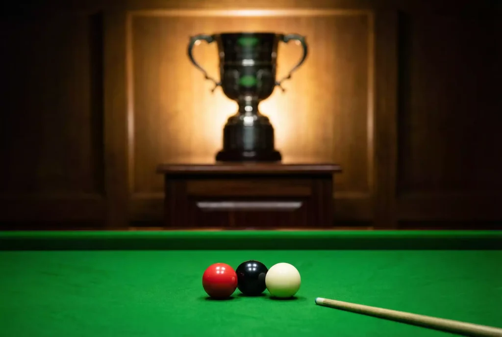 Snooker-Pokal im Hintergrund mit Bällen auf dem Tisch im Vordergrund als Symbol für Outright-Turniersieger-Wetten