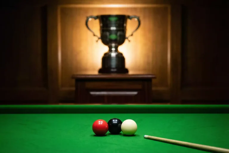 Snooker-Pokal im Hintergrund mit Bällen auf dem Tisch im Vordergrund als Symbol für Outright-Turniersieger-Wetten