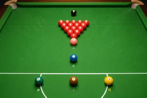 Nahaufnahme eines Snooker-Tisches mit farbig sortierten Bällen auf dem Spot als Illustration der Spielregeln