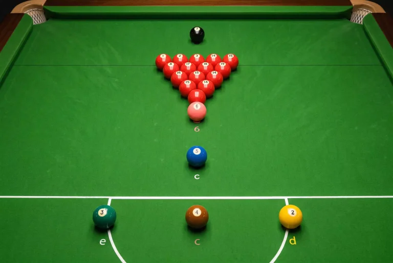 Nahaufnahme eines Snooker-Tisches mit farbig sortierten Bällen auf dem Spot als Illustration der Spielregeln