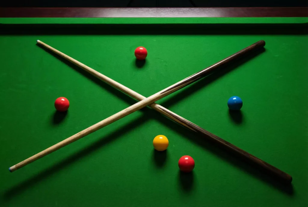Zwei Snooker-Queues gekreuzt über dem Tisch als Symbol für Arbitrage-Wetten zwischen zwei Anbietern