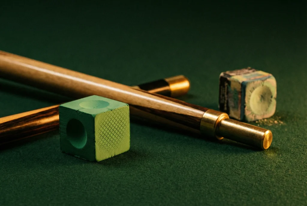Grüne Snooker-Kreide neben einem polierten Queue als Symbol für Bonusangebote bei Snooker-Wetten