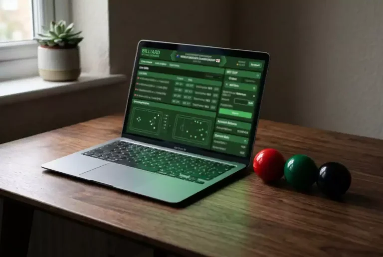 Laptop auf einem Schreibtisch mit Snooker-Bällen daneben als Symbol für lizenzierte Online-Sportwetten