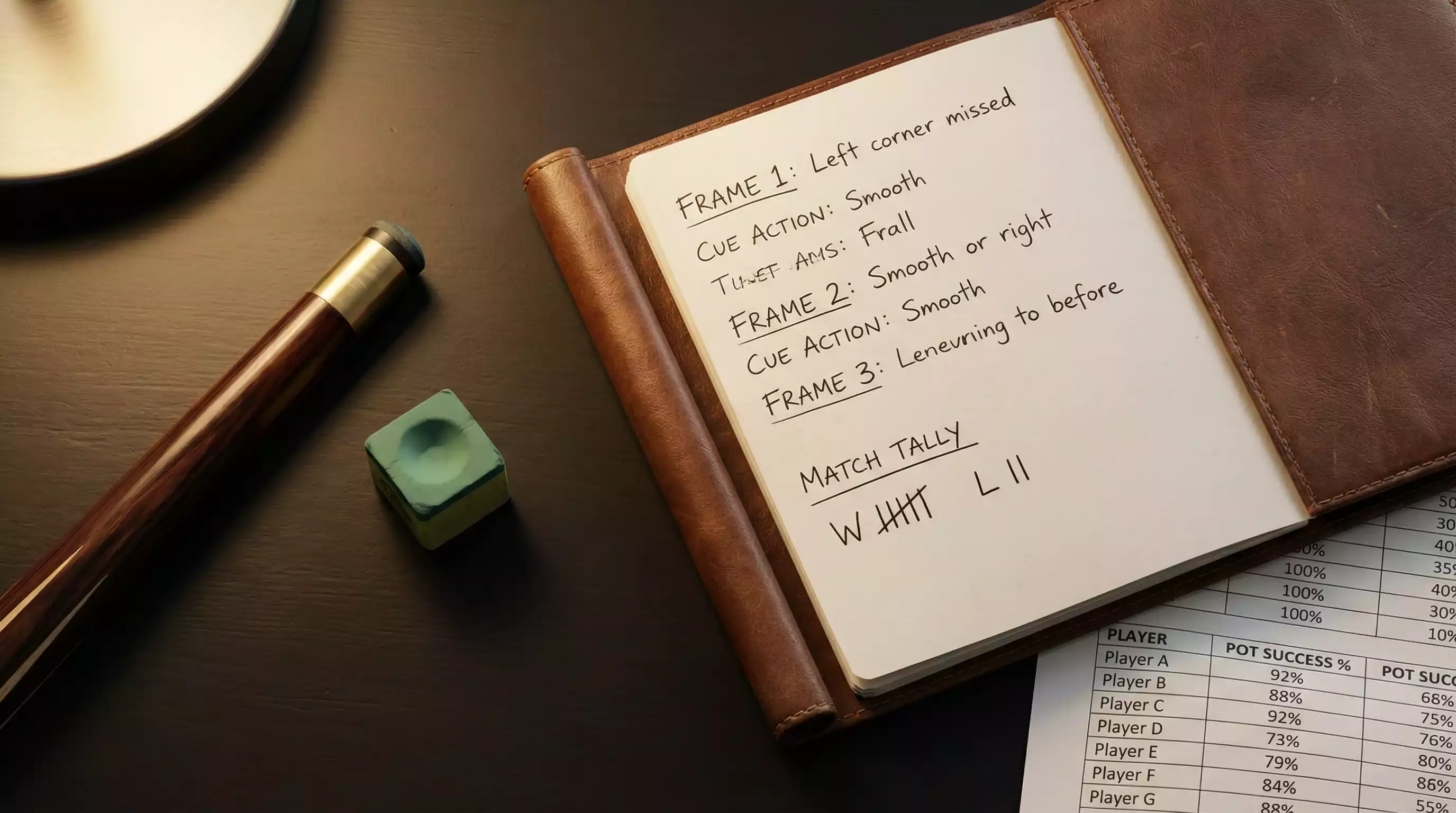 Notizbuch mit handschriftlichen Snooker-Wettanalysen neben einem Queue