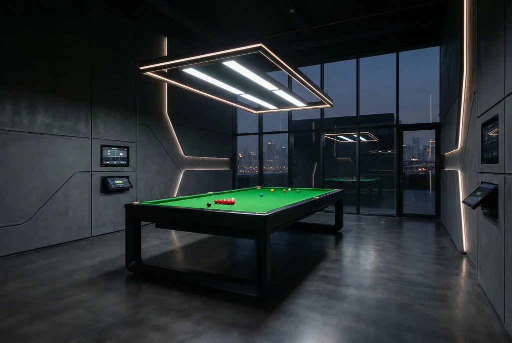 Moderner Snooker-Tisch unter futuristischer LED-Beleuchtung als Symbol für die Zukunft des Snooker-Wettmarkts