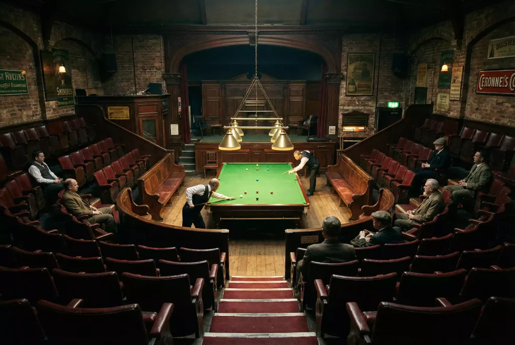Blick auf einen Snooker-Tisch in einer historischen Spielstätte als Symbol für das WM-Format im Crucible